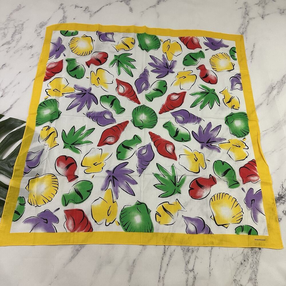 Evan Picone Womens Vintage 90s Sea Shell Print Scarf Large Square Cotton Yellow